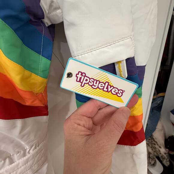 Tipsy Elves Men's Sunrise Shredder Ski Snow Suit Rainbow Retro White Unisex - Picture 7 of 10